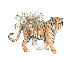 Watercolor red tiger and bright winter bouquet. Wild big cat and foliage, wildlife animal