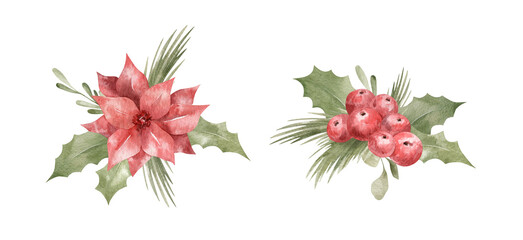 Watercolor bouquet with green winter leaves, branches, red berries, Poinsettia flowers. Christmas bouquet isolated on white. Aesthetic illustration for wedding, cards, promo. Blossom nature