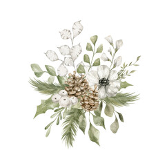 Obraz premium Watercolor bouquet with green winter leaves, pine cone, branches, while leaf. Christmas bouquet isolated on white background. Aesthetic illustration for wedding, cards, promo. Blossom nature