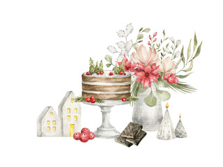 Watercolor christmas set with tasty foods and winter floral bouquet. Cake, chocolate, berries, candles, houses. Sweet snack for festive celebration