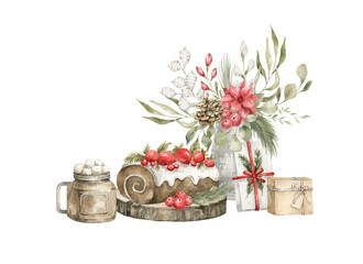 Watercolor christmas set with tasty foods and winter floral bouquet. Cake, berrie roll, cocoa cup, present boxes, gifts. Sweet snack for festive celebration