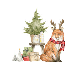 Watercolor illustration with a red fox with antler and Christmas tree. Winter aesthetic, wild animal in costume, scarf, present boxes. Holiday decoration and cute forest animal.