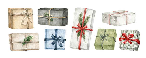 Watercolor set with colorful Christmas gift boxes. Festive present