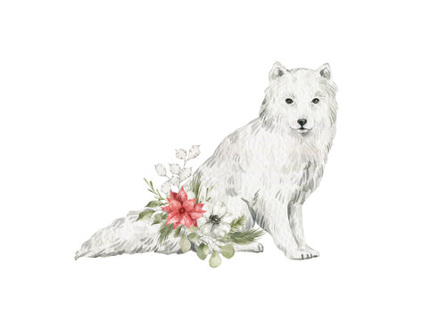 Watercolor arctic fox and floral bouquet. Wild forest animals, bright leaves, flowers, plants. Nature wildlife 