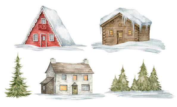 Watercolor Winter Houses And Evergreen Trees. Cottage In The Snow, Frosty Landscape