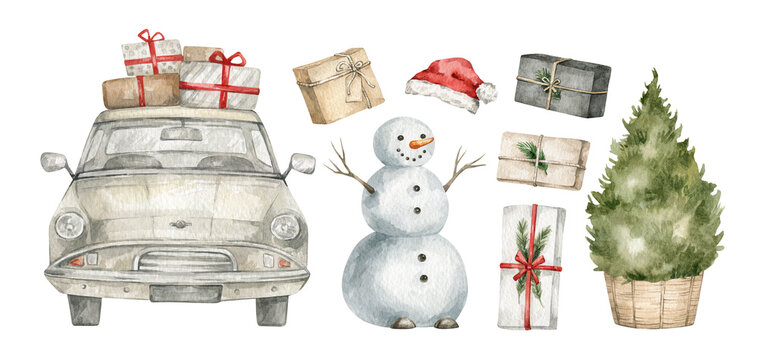 Watercolor set with Christmas elements. Santa's car, gifts, snowmen, hat, evergreen tree. 