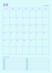 June 2022 colorful cute graphic design digital and printable calendar template illustration. Notes, scheduler, diary, calendar, memo, planner document template background.