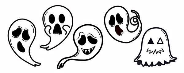 Monochrome ghost, Spook horror set, Ghost shadow funny, Halloween party sign or logo