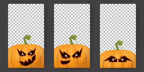 Halloween vertical cartoon stories set with Halloween scary pumpkins. Funky kids Halloween background with space for text