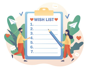 Wishlist concept. Personal favourites list. Gift and shopping list. Tiny people writing down wishes. Order and payment. Modern flat cartoon style. Vector illustration on white background