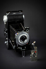 Fototapeta na wymiar miniature photographer taking picture of wedding couple with a vintage camera 