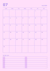 July 2022 colorful cute graphic design digital and printable calendar template illustration. Notes, scheduler, diary, calendar, memo, planner document template background.