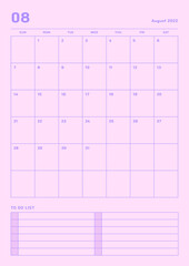 August 2022 colorful cute graphic design digital and printable calendar template illustration. Notes, scheduler, diary, calendar, memo, planner document template background.