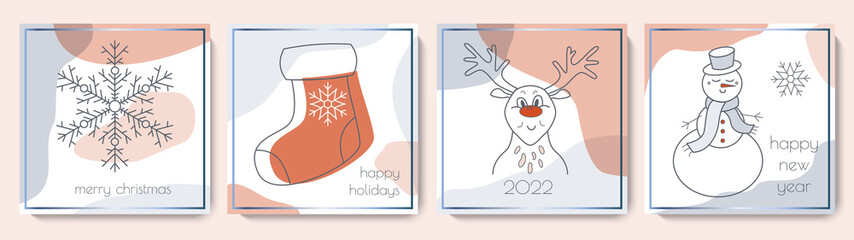 Merry Christmas and Happy New Year greeting card collection. Cute modern square winter template set. Vector illustration for social media, print, banner minimal design.