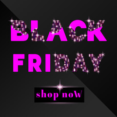 Black Friday sale. Black Friday banner. Discount offer price sign. Friday sale. Pink glittering text on black background. Vector