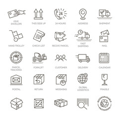 Collections of icons representing shipping, logistics, customer service, refunds and more