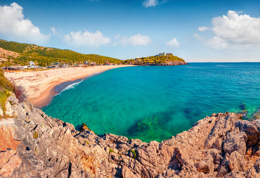 Rocky summer view of Jale Baech. Adorable morning scene of Albania, Europe. Wonderful summer seascape of Adriatic sea. Traveling concept background.