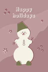 Christmas cute snowman in hat. Happy holidays festive card or poster. Cartoon winter character. Vector illustration isolated on pink background
