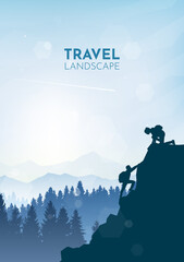 Girl on a mountain looks down at the guy who climbs up. Hiking. Adventure. Travel concept of discovering, exploring and observing nature. Polygonal minimalist graphic flat design. Vector illustration.