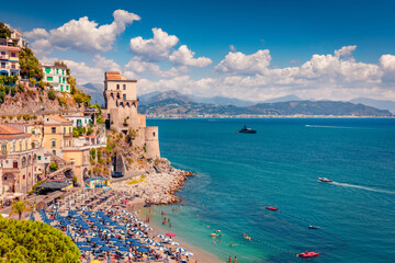Gorgeous summer view of historical landmark - Torre di Cetara tower. Aerial morning cityscape of...