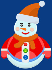 Snowman in a red coat with buttons, gloves, an orange cap and a scarf.