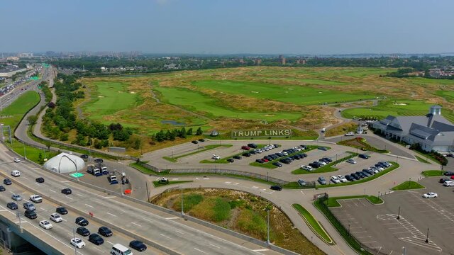 Aerial Pan View of Trump Links Golf Course at Ferry Point
