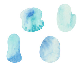 Watercolor illustration hand painted blue stain, turquoise splash, snow ornament, sea water abstraction isolated on white. Winter or summer clip art elements for design postcard, poster, background