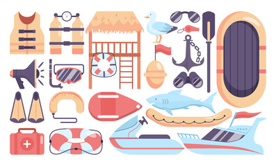 Beach rescuer objects set. Summer holidays recreation set. Lifeguard tower