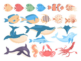 Fish and sea creatures set. Collection of aquatic fauna. Dolphin, whale