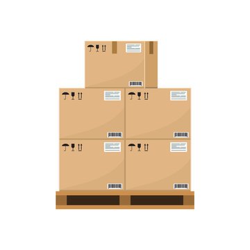 Crate boxes on wooden pallet. Stack of cardboard box for warehouse storage. Flat and solid color vector illustration.