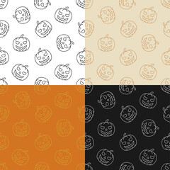 set of seamless patterns with smile Pumpkin fruit. Autumn Halloween pumpkins. Ornament for decoration and printing on fabric. Design element. Vector