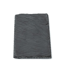rectangular black slate stone board isolated on white background, utensils for serving food
