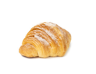baked croissant isolated on white background and sprinkled with powdered sugar