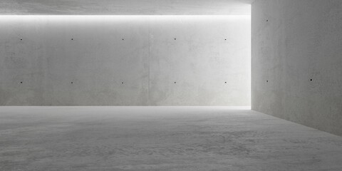 Abstract empty, modern concrete room with indirect lighting from backwall recess and opening on the right and rough floor - industrial interior background template