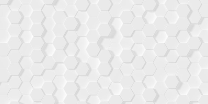 Modern minimal white random shifted beveled honeycomb hexagon geometrical pattern background flat lay top view from above