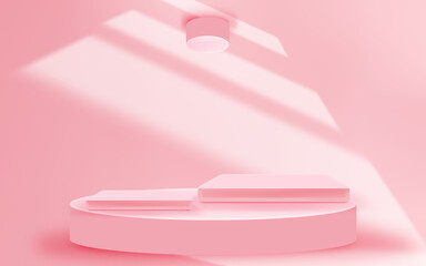 Futuristic pink pastel empty floor and room with podium stages for showcase or display cosmetic or spa products. Modern waves wall background interior design. 3d illustration.