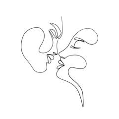 Minimalist love couple one line art. Abstract man and woman kiss silhouette continuous line drawing. Vector illustration