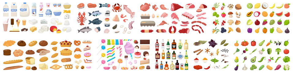 Big food set. Collection of various meal, fish and meat, vegetables - obrazy, fototapety, plakaty