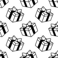 Gifts. Boxes with ribbons. Silhouettes of gift packages. Festive seamless background.