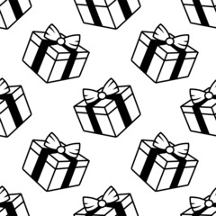 Gifts. Boxes with ribbons. Silhouettes of gift packages. Festive seamless background.