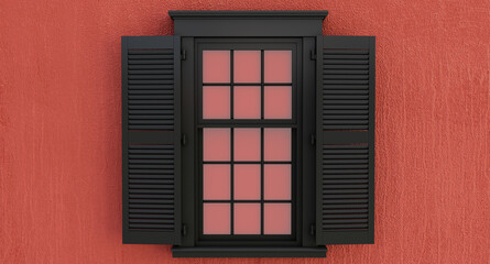 Obraz premium Black opened window isolated on red background.