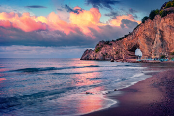 Dramatic summer scene of Palinuro. Picturesque morning view of Natural Arch of Palinuro, Italy,...