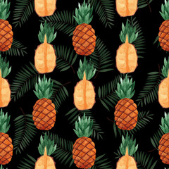 Watercolor pineapple pattern, Seamless pattern, Pineapple background, Pineapple on black Exotic fruit pattern, Fabric design, Wrapping paper, Wallpaper design, Watercolor background, Half pineapple