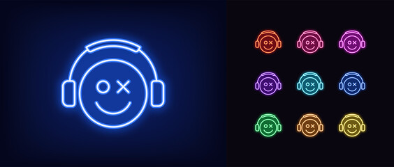 Fototapeta na wymiar Outline neon gamer icon. Glowing neon emoticon gamer with headphones, esports geek logo
