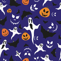 Fototapeta premium A pattern of pumpkins, bats, Halloween ghosts.For fabrics, for printing brochures, posters, parties, vintage textile design, postcards, packaging.