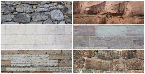 Set of stone wall textures. Weathered rough masonry surfaces. Collection of panoramic backgrounds...