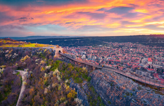 Provadia, Bulgaria - 16.04.2021. Captivating sunset on Ovech Fortress. Wonderful spring cityscape of Provadia town, located in a deep karst gorge along the Provadiya River, Bulgaria, Europe.