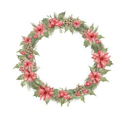 Watercolor wreath with winter flowers and leaves. Aesthetic gentle wreath, pine cone, fir, eucalypt, berries. Frame for wedding invitation, card, web, promo. Christmas arrangement