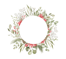 Watercolor frame with winter flowers and leaves. Aesthetic gentle wreath, pine cone, fir, eucalypt, berries. Frame for wedding invitation, card, web, promo. Christmas arrangement