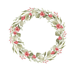 Watercolor wreath with winter flowers and leaves. Aesthetic gentle wreath, pine cone, fir, eucalypt, berries. Frame for wedding invitation, card, web, promo. Christmas arrangement